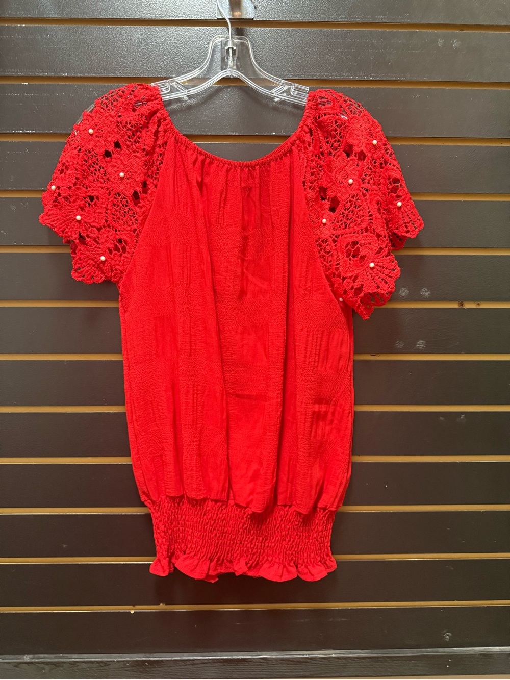 Extra Belleza NWT Red Boho Crochet Pearl Sleeve Peasant Blouse Size Large